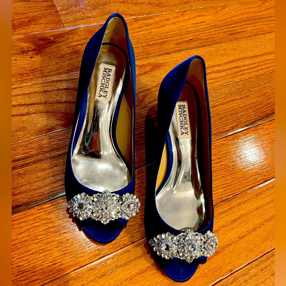 Navy Blue Satin Kitten Heels